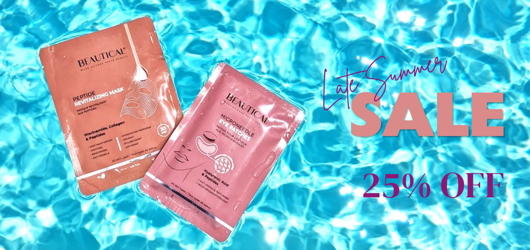 beautical peptide revitalizing mask and microneedle eye patches in a pool